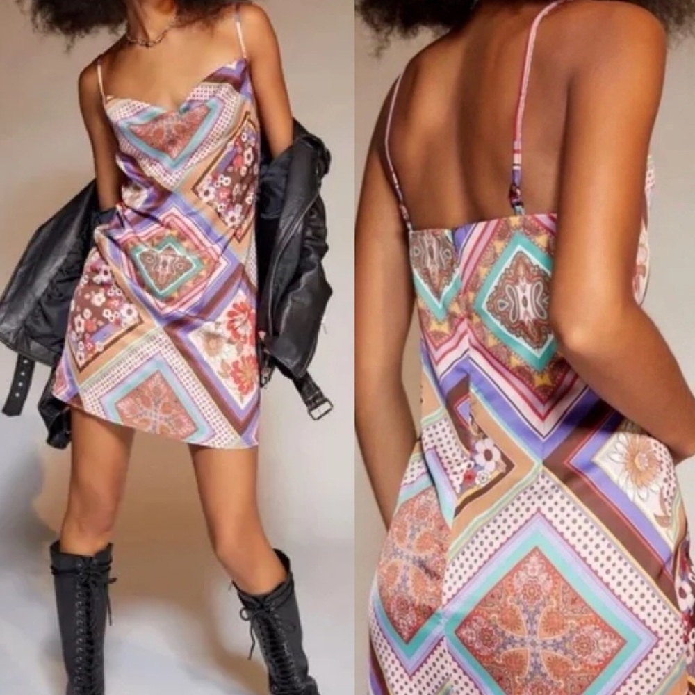 Urban Outfitters Mallory Cowl Satin Slip Dress Patchwork Print Small